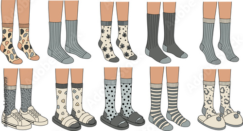 Stylish Neutral Color Sock Collection With Patterned Knit Designs And Casual Footwear For Everyday Fashion Vector Illustration