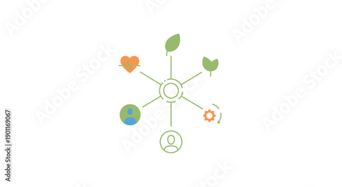 Simple Line Art Diagram with Leaves and Icons.