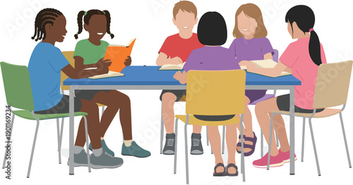 Diverse School Children Studying Together at Table, Group Learning and Collaboration Illustration for Education, Classroom Activities, and Teamwork Concepts