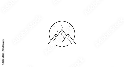 Simple Line Drawing of Compass with Mountains.