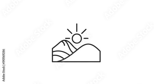 Simple Line Drawing of Sun Over Hills.