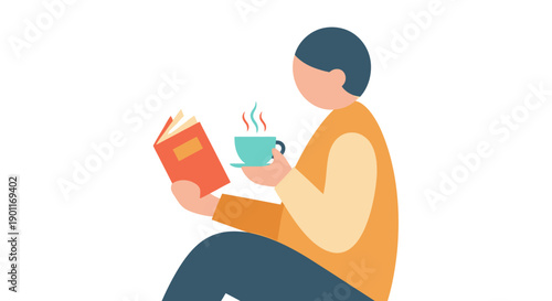 Woman reading book with coffee cup.