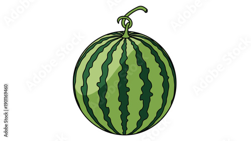 Ripe, whole striped watermelon with a curly green vine, symbolizing freshness and the essence of summer produce.