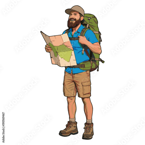 Cartoon Hiker Illustration with Backpack and Map