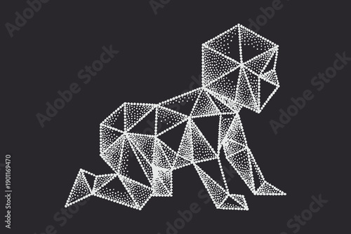 Geometric low poly baby crawling illustration, abstract pointillism style on dark background.
