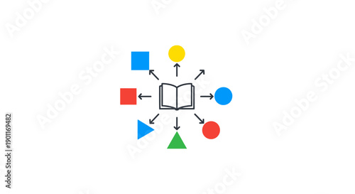 Open book with colorful shapes.