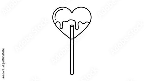 Sweet outline drawing of a heart-shaped lollipop with decorative dripping glaze, perfect for romantic and confectionery themes.