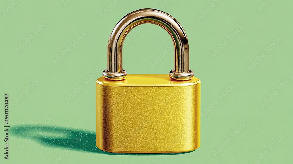 Naklejka premium Gold padlock stands on a green surface with a clear shadow during daylight