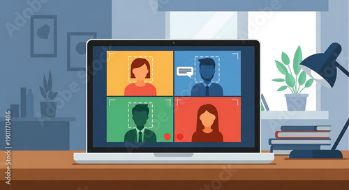 Video conferencing app interface showing a group of people in a virtual meeting on a laptop screen during remote work