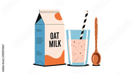 Modern illustration featuring a carton of oat milk, a glass with a straw, and a wooden spoon, representing a healthy vegan alternative.