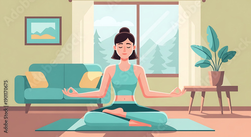 Serene woman finding inner peace through mindful meditation in a comfortable home living room, practicing relaxation and self-care for mental well-being and stress relief