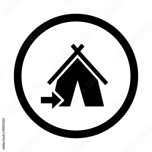 Professional black and white camping tent icon with an entry arrow inside a circle. Perfect for navigation maps, travel signage, park directories, and mobile applications.