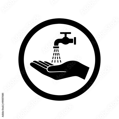 Black and white circular icon representing hand washing for hygiene, safety, and health. Perfect for signs, posters, and informative materials about sanitization.