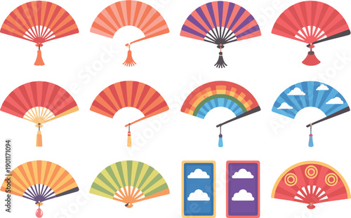 Colorful Traditional Folding Fans Vector Set – Asian Decorative Patterns and Tassels