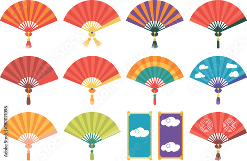 Colorful Traditional Folding Fans Vector Set – Asian Decorative Patterns and Tassels