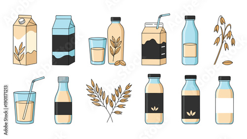 Extensive collection of various oat milk packaging, including cartons and bottles, alongside glasses of milk and oat stalks, promoting plant-based drinks.