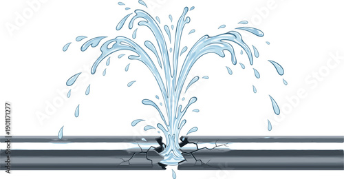 Broken underground water pipe with high pressure fountain spray representing plumbing emergency utility leak home repair and infrastructure failure isolated on white.