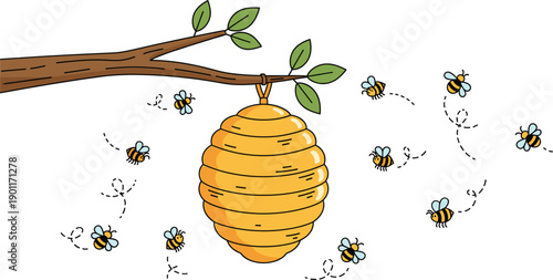 Cartoon beehive hanging on a tree branch with cute honey bees flying around for nature education organic honey production and garden design.