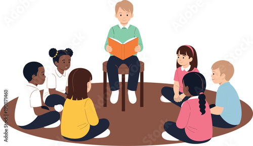 School Teacher Reading Book to Children Sitting in Circle, Group Storytime and Classroom Learning Illustration for Education and Early Childhood Designs