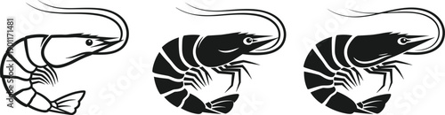 Black And White Vector Illustration Set Of Three Shrimp Silhouettes Featuring Detailed Shell Patterns And Long Antennae Isolated On White For Seafood Restaurant Menu Design