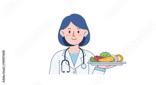 Compassionate female healthcare professional offering nutritious meal with healthy vegetables and fruits emphasizing patient