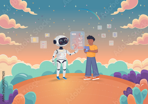Friendly AI robot assistant help diverse people business professionals analyze data financial growth on future holographic interface. Vector illustration representing human-AI technology trends 2026