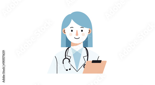 Illustration of a caring female healthcare professional with blue hair and stethoscope holding a clipboard in a friendly medical