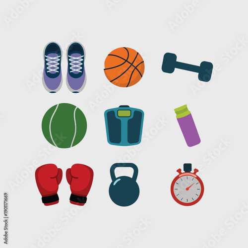 Colorful flat sports equipment fitness sneakers basketball dumbbell tennis ball vector illustration isolated on grey background.