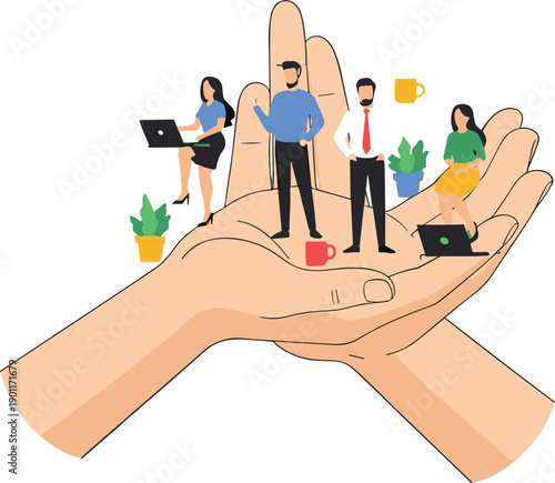 Flat vector illustration of professional business team working together inside giant supportive hands representing employee care human resources and corporate leadership support.