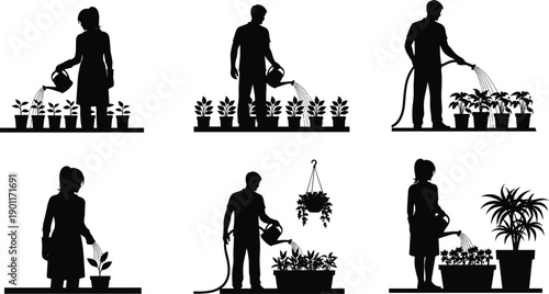 Black Vector Silhouettes Of People Watering Potted Plants And Flowers In Garden Set Featuring Men And Women Gardening For Sustainable Lifestyle And Horticulture Concept