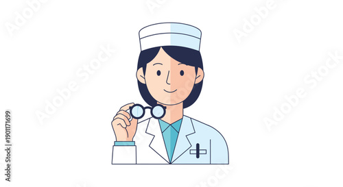 Illustration of a caring female healthcare professional wearing medical attire and holding stethoscope with a friendly