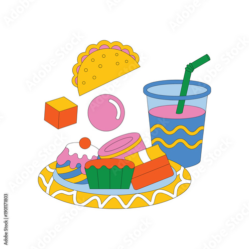 Colorful of assorted sweet and savory foods on a plate and floating nearby sweets snacks vector illustration isolated on white background