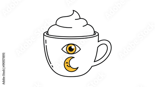Whimsical illustration of a mug topped with fluffy whipped cream, adorned with a stylized eye and a cheerful crescent moon.