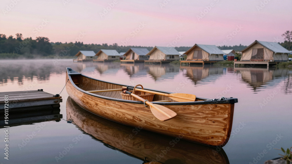 Obraz premium Canoe Tied To River Dock