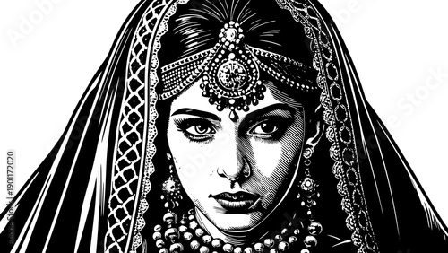 Very beautiful close-up portrait of an Algerian bride wearing a traditional veil and ornate jewelry, expressing cultural elegance, feminine beauty, and rich wedding heritage of Algeria.