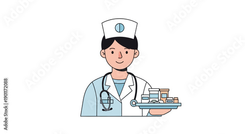 Healthcare professional delivering medication with a welcoming smile in a minimalistic digital illustration