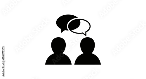 Two black human avatar figures with speech bubbles representing communication and discussion, isolated white background.