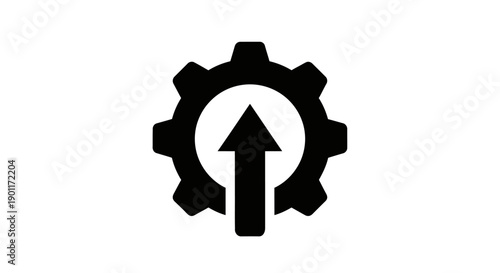 Black gear icon with an upward arrow, representing process improvement, progress, or upgrade, isolated white background.