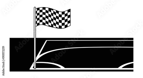 Checkered finish line flag on a race track symbolizing victory and competition, isolated white background.