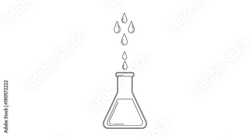 Outline black and white chemical Erlenmeyer flask with liquid and dripping drops, representing a science experiment, isolated white background.