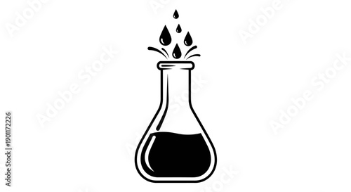 Solid black chemical Erlenmeyer flask with liquid and dripping drops, representing a science experiment or reaction, isolated white background.