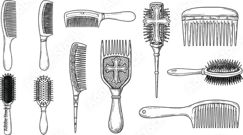 Vintage Hand Drawn Vector Illustration Set Of Ornate Hairbrushes And Combs Featuring Intricate Patterns And Cross Designs For Hairdressing Salon Branding And Beauty Grooming