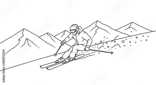 Person Skiing Down Snowy Mountain Slope with Peaks in Background, Winter Sport Outline Illustration on Isolated White Background