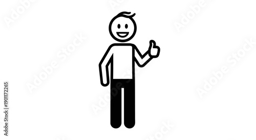 Smiling Stick Figure Person Giving Thumbs-Up Gesture, Positive Feedback Icon on Isolated White Background
