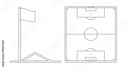 Outline Icons of Flag on Pole and Top-Down Soccer Field, Sports Strategy Concept on Isolated White Background