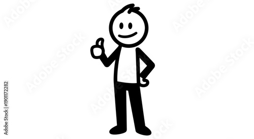 Happy Stick Figure Person Giving Thumbs-Up Gesture, Approval and Success Icon on Isolated White Background