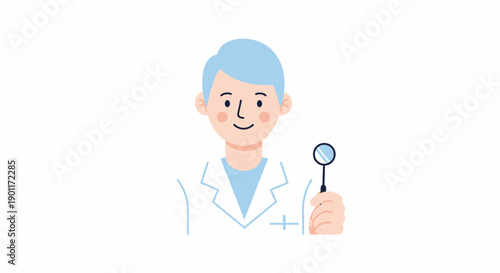 Illustration of a friendly medical professional holding a magnifying glass representing healthcare inspection and diagnostic