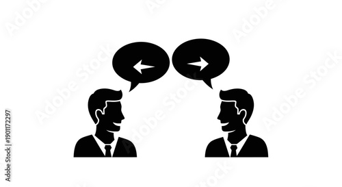 Two People Discussing with Speech Bubbles and Opposing Arrows, Communication Exchange Icon on Isolated White Background