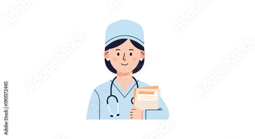 Healthcare professional in medical attire holding documents and a stethoscope providing a friendly and reassuring presence in