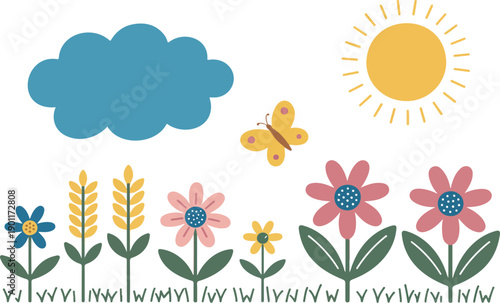 Cute Spring Meadow Border Vector – Flowers, Butterfly, Sun, and Clouds